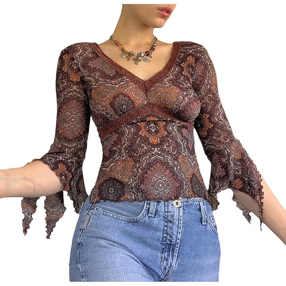 Vintage Y2K Bell Sleeve Sheer Floral Fairy Top - Picture 4 of 5